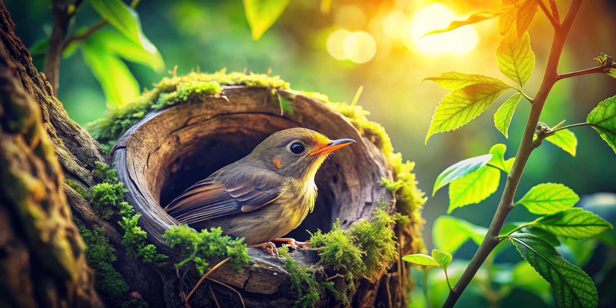 朝のやわらかな光に包まれ、木の洞の中で静かに佇む小鳥の様子